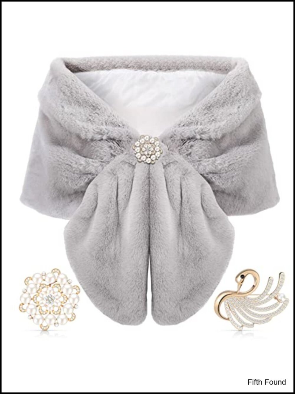 Faux Fur Shawl Wrap Stole Shrug with Pearl Rhinestone Brooches Bridal Winter